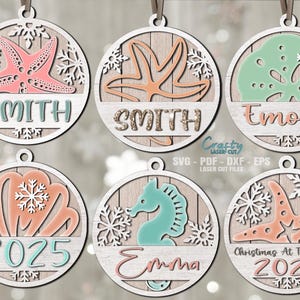 Enfeite de praia SVG - Arquivos cortados a laser - Natal SVG - Enfeites litorâneos SVG - Floco de neve SVG - Estrela do mar SVG - Concha SVG - Arquivos Glowforge