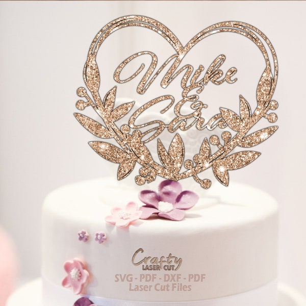 Wedding Cake Topper SVG - Laser Cut Files - Heart Svg - Wedding SVG - Monogram SVG - Floral Svg - Leaves Svg - Glowforge Files