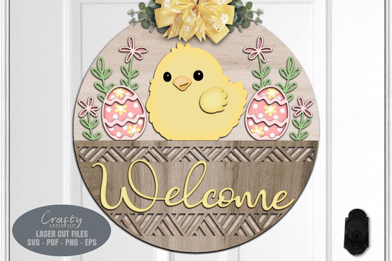 Easter Welcome Sign SVG - Easter Egg Door Hanger SVG  - Chick SVG - Laser Cut Files - Basket - Daisy - Floral Easter Sign - Glowforge Files - Easter Decor - Easter Door Sign SVG - round door hanger - Cnc files