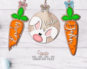 Easter Bunny Basket Tag SVG - Easter Basket Tag - Laser Cut Files - Bunny SVG - Carrot Svg - Customizable Name Tags - Glowforge Files