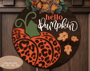 Leopard Print Pumpkin Door Hanger SVG Laser Cut Files: Fall Welcome Sign SVG