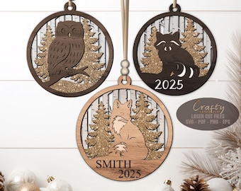 Fox Ornament SVG Laser Cut Files, Wildlife Christmas Ornaments SVG, Owl, Raccoon, Glowforge Files