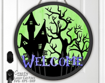 Halloween Door Hanger SVG Laser Cut Files: Haunted Mansion Welcome Sign SVG, Glowforge