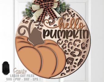 Fall Door Hanger SVG Laser Cut Files, Leopard Print Pumpkin Welcome Sign SVG