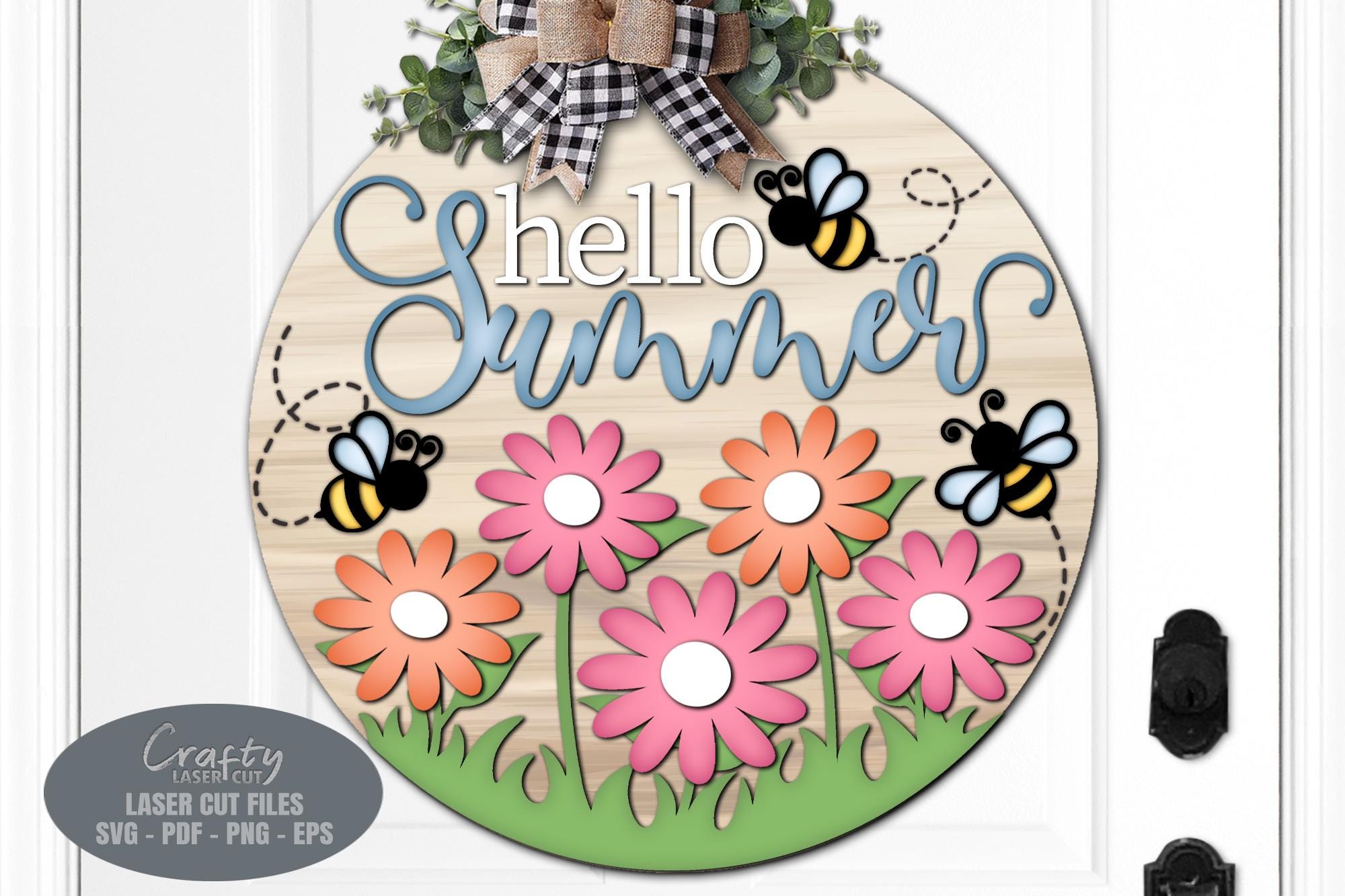 Hello Summer Door Hanger SVG Laser Cut Files: Bee & Daisy Welcome Sign ...