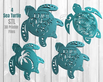 May include: Four teal blue sea turtle 3D printable files. Each turtle has a different design. One turtle has the words "Beach Vibes" on its shell. Another turtle has a palm tree on its shell. Another turtle has a swirl pattern on its shell. The last turtle has a flower on its shell.