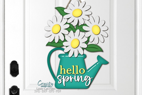 Daisy Watering Can Door Hanger SVG: Hello Spring Laser Cut File