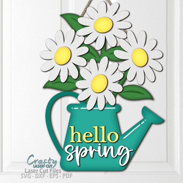 Accroche-porte Daisy SVG - fichiers découpés au laser - Bonjour printemps Svg - arrosoir - Daisy Svg - Svg de panneau de bienvenue - Daisy plaque de porte - fichiers Glowforge