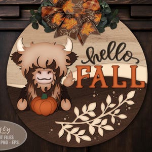 Fall Highland Cow Door Hanger SVG - Welcome Sign SVG - Laser Cut Files - Cow Svg - Pumpkin SVG - Fall Door Sign - Fall Decor - Glowforge