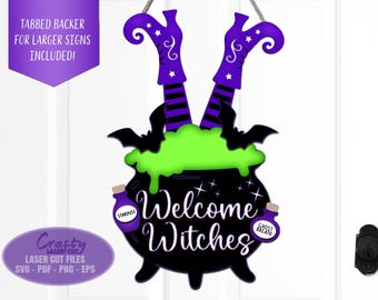Witch Welcome Sign SVG Laser Cut Files: Halloween Door Hanger SVG, Glowforge
