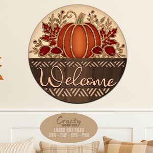 Fall pumpkin sign SVG laser cut files with a fall welcome sign svg with a pumpkin and floral mushroom accents for Glowforge and XTool.