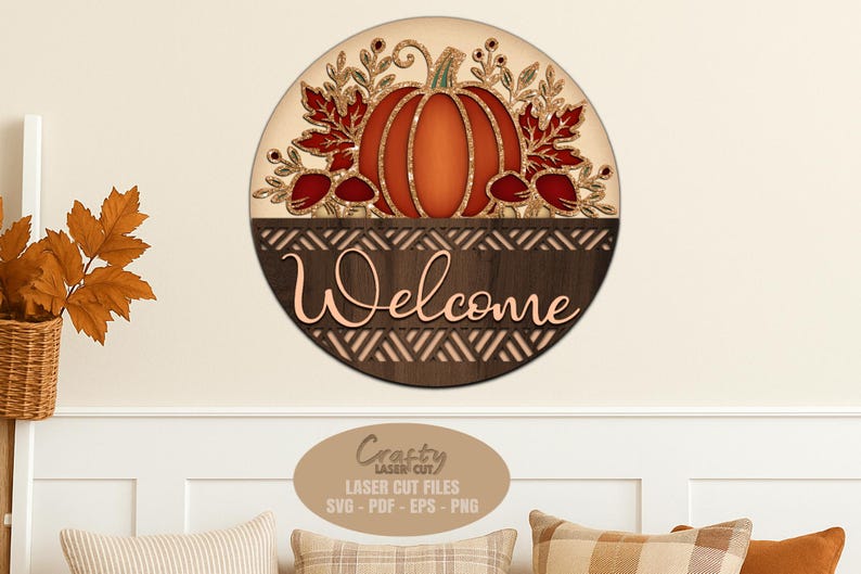 Fall pumpkin sign SVG laser cut files with a fall welcome sign svg with a pumpkin and floral mushroom accents for Glowforge and XTool.