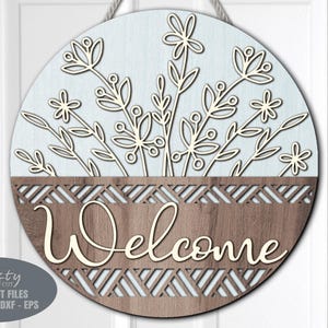 Daisy Door Hanger SVG Laser Cut Files; a Floral Basket Welcome Sign SVG with a bouque of daisy flowers in a basket for your Glowforge, Xtool and other laser machines.