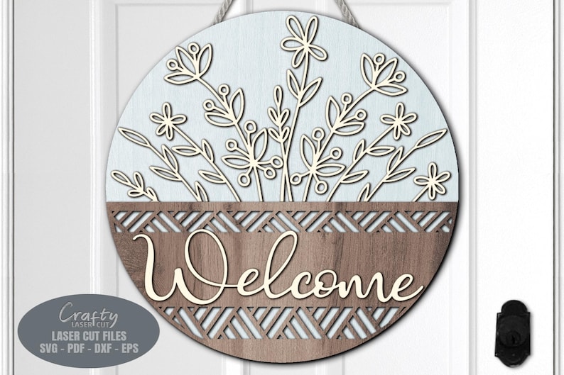 Daisy Door Hanger SVG Laser Cut Files; a Floral Basket Welcome Sign SVG with a bouque of daisy flowers in a basket for your Glowforge, Xtool and other laser machines.