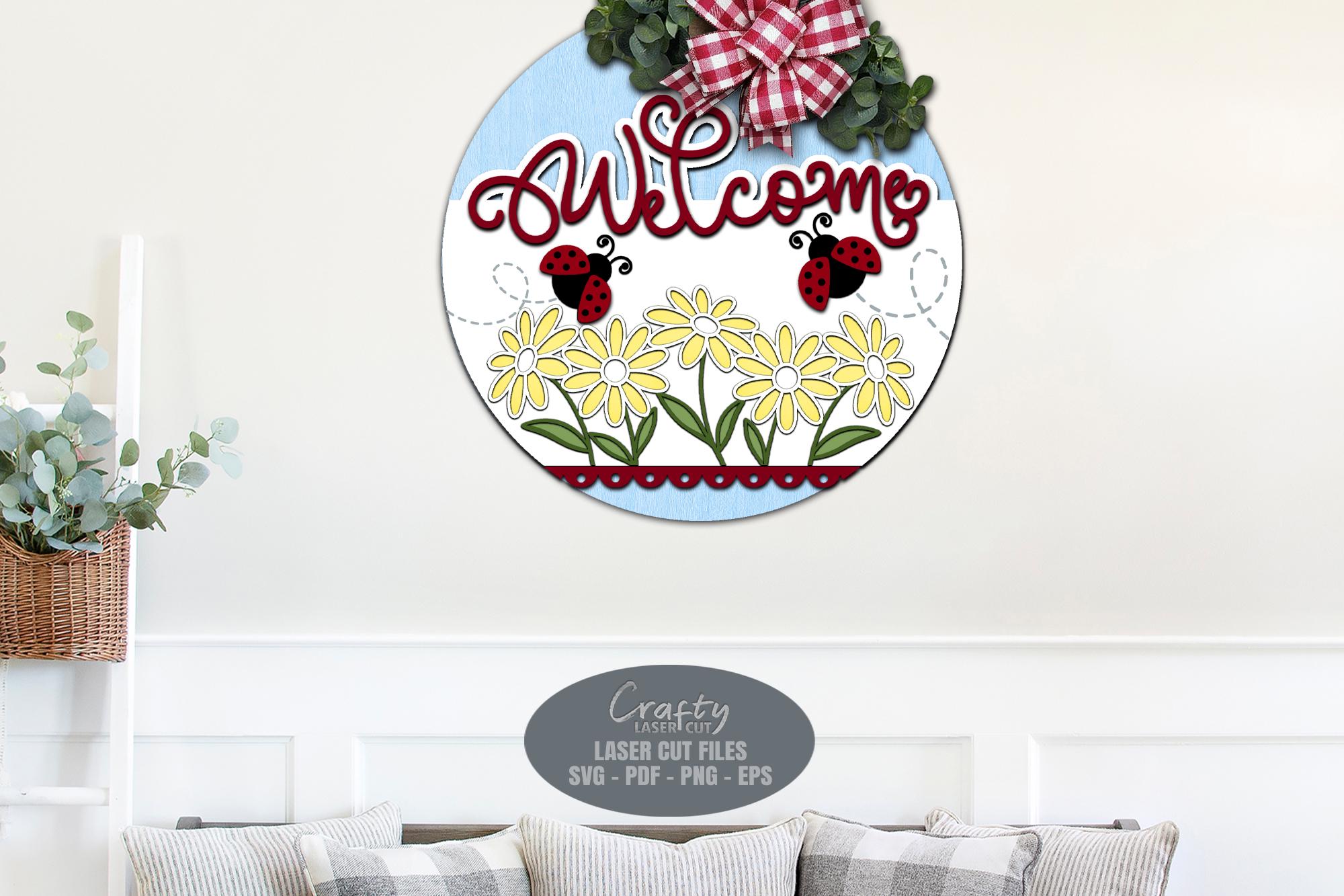 Summer Door Hanger SVG Laser Cut Files, Ladybug Daisy Welcome Sign SVG ...