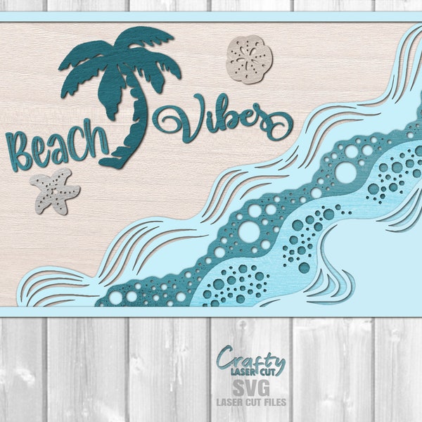 Vibraciones de playa SVG - Archivos cortados con láser - Signo de playa SVG - Olas de playa SVG - Archivo láser de playa - Estrella de mar Svg - Palmera Svg - Signo de vibraciones de playa