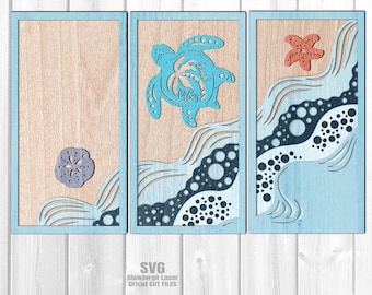 Archivos SVG cortados con láser de escena marina de tortuga, marco de fotos de playa de 3 paneles, Glowforge