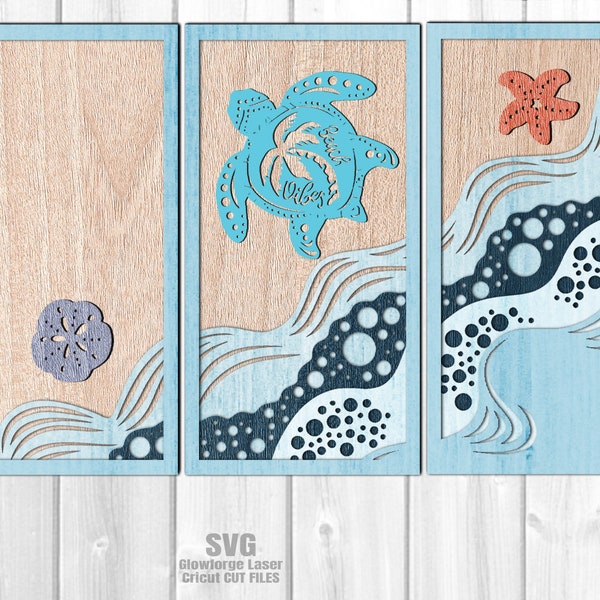 Beach Vibes Turtle Ocean Scene SVG - Glowforge Files - Layered Laser Cut Files - Sea Turtle SVG - 3 Panel Picture Frame - Beach Home Décor