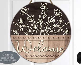 Floral Welcome Sign SVG Laser Cut Files: Boho Daisy Door Hanger SVG, Glowforge