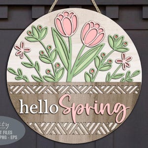 Accroche-porte Spring Spring SVG - SVG - fichiers découpés au laser - Daisy - tulipe - printemps signe Svg - panneau floral pour porte - fichiers Glowforge