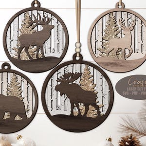 Wildlife ornament SVG laser cut files for layered Christmas tree decorations with Glowforge and XTool.