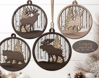 Christmas Ornament SVG Laser Cut Files: Wildlife Buck Deer SVG, Glowforge, xTool