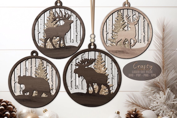 Christmas Ornament SVG Laser Cut Files: Wildlife Buck Deer SVG, Glowforge, xTool