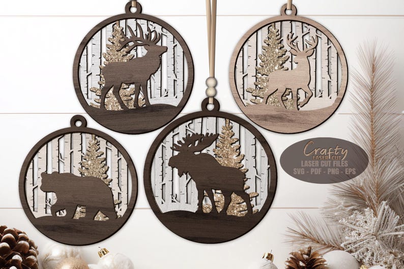 Wildlife ornament SVG laser cut files for layered Christmas tree decorations with Glowforge and XTool.