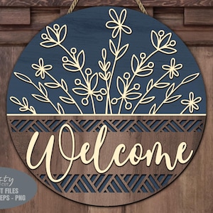 Floral Basket Welcome Sign SVG Laser Cut Files; a Daisy Door Hanger SVG with a bouquet of daisy flowers in a basket for your Glowforge, Xtool and other laser machines.