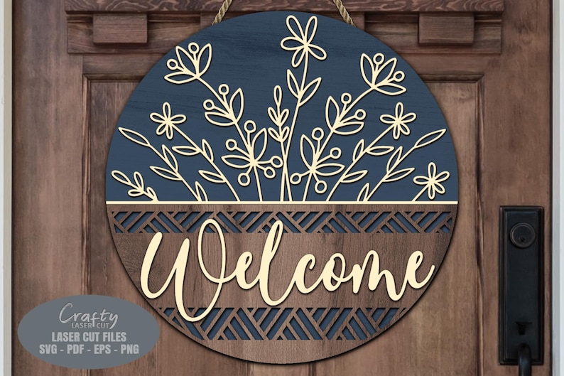Floral Basket Welcome Sign SVG Laser Cut Files; a Daisy Door Hanger SVG with a bouquet of daisy flowers in a basket for your Glowforge, Xtool and other laser machines.