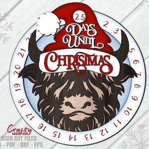 クリスマス カウントダウン SVG - ハイランド牛 SVG - レーザーカット ファイル - クリスマスまでの日数 SVG - サンタ帽子 SVG - 牛の頭 SVG - Glowforge ファイル