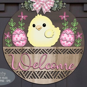 Easter Door Hanger SVG - Easter Egg - Welcome Sign SVG - Chick SVG - Laser Cut Files - Basket - Daisy - Floral Easter Sign - Glowforge Files - Easter Decor - Easter Door Sign SVG - round door hanger - Cnc files