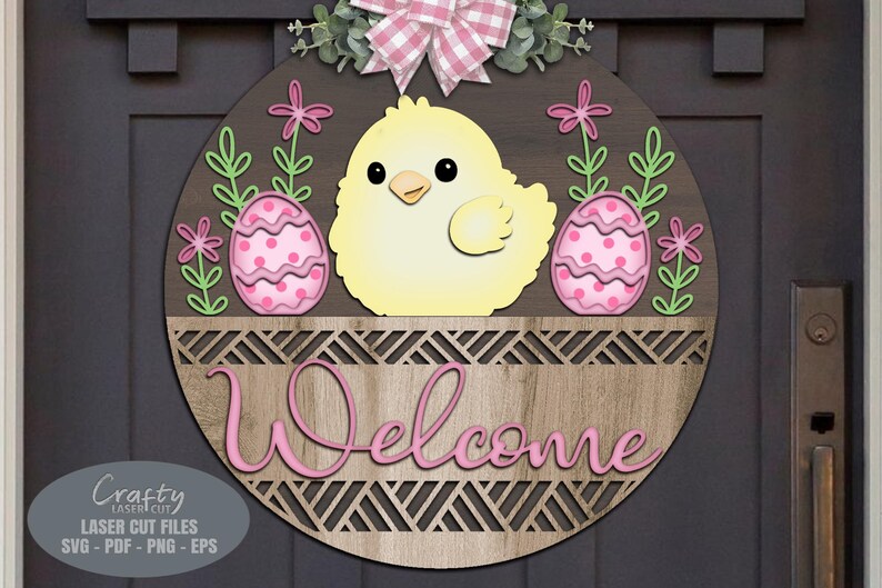 Easter Door Hanger SVG - Easter Egg - Welcome Sign SVG - Chick SVG - Laser Cut Files - Basket - Daisy - Floral Easter Sign - Glowforge Files - Easter Decor - Easter Door Sign SVG - round door hanger - Cnc files