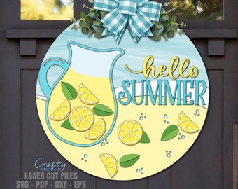 Archivos cortados con láser SVG para colgar puertas de verano con limonada: Letrero de bienvenida de limón SVG, Glowforge
