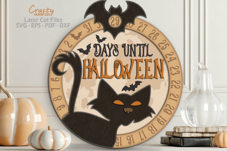 Halloween Black Cat Countdown Sign SVG Laser Cut Files including bat accents for your Glowforge and other laser machine.