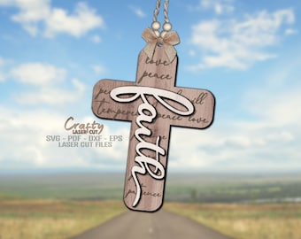 May include: A wooden cross with the word "Faith" written in white script on the front. The cross is decorated with the words "love, peace, patience, temperance, kindness, goodness, faithfulness, gentleness, self-control" written around the edges.