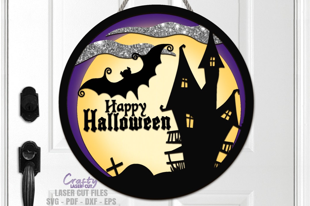 Halloween Door Hanger SVG Laser Cut Files: Haunted Mansion Bat Welcome ...