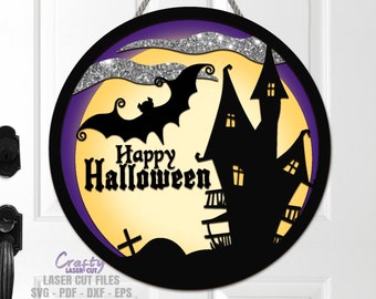 ハロウィンドアハンガーSVGレーザーカットファイル：ホーンテッドマンションコウモリウェルカムサインSVG