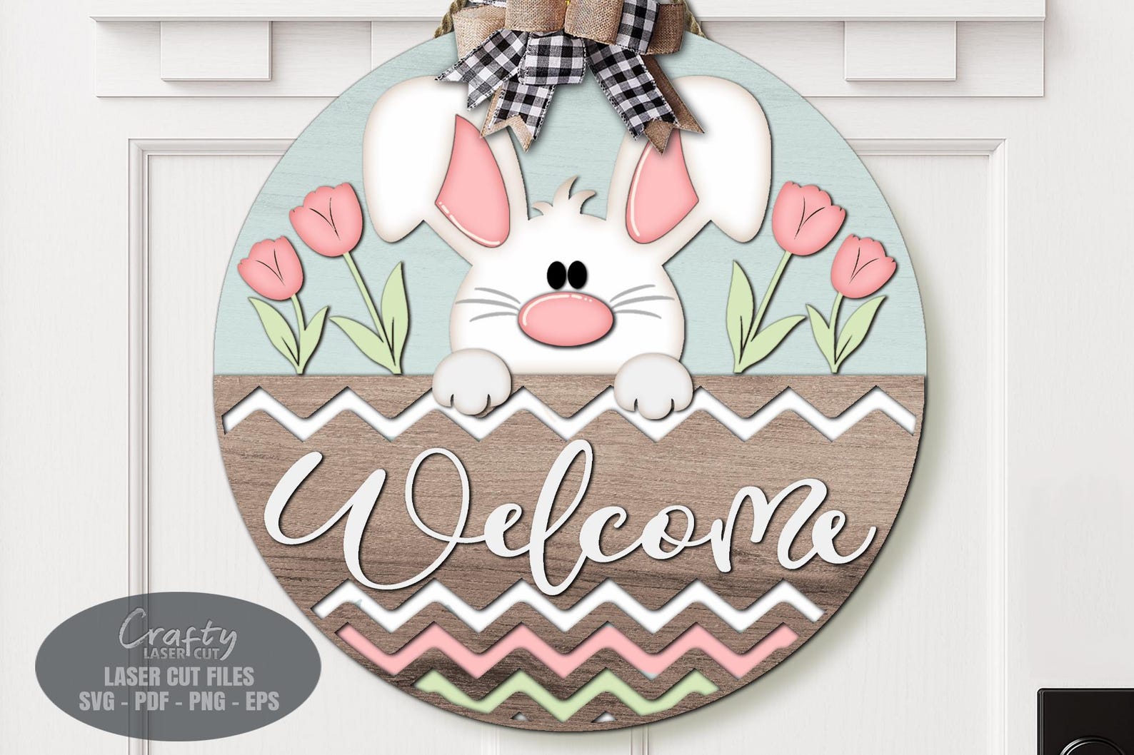 Easter Bunny Door Hanger SVG Laser Cut Files, Tulip Floral Welcome Sign ...