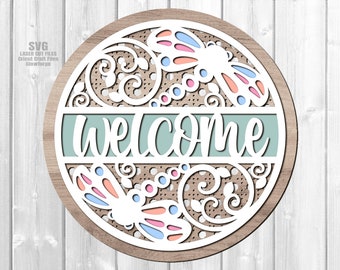 Dragonfly Door Hanger SVG - Laser Cut Files - Dragonfly SVG - Welcome Sign SVG - Rattan Svg - Spring Svg - Front Door Sign - Glowforge Files