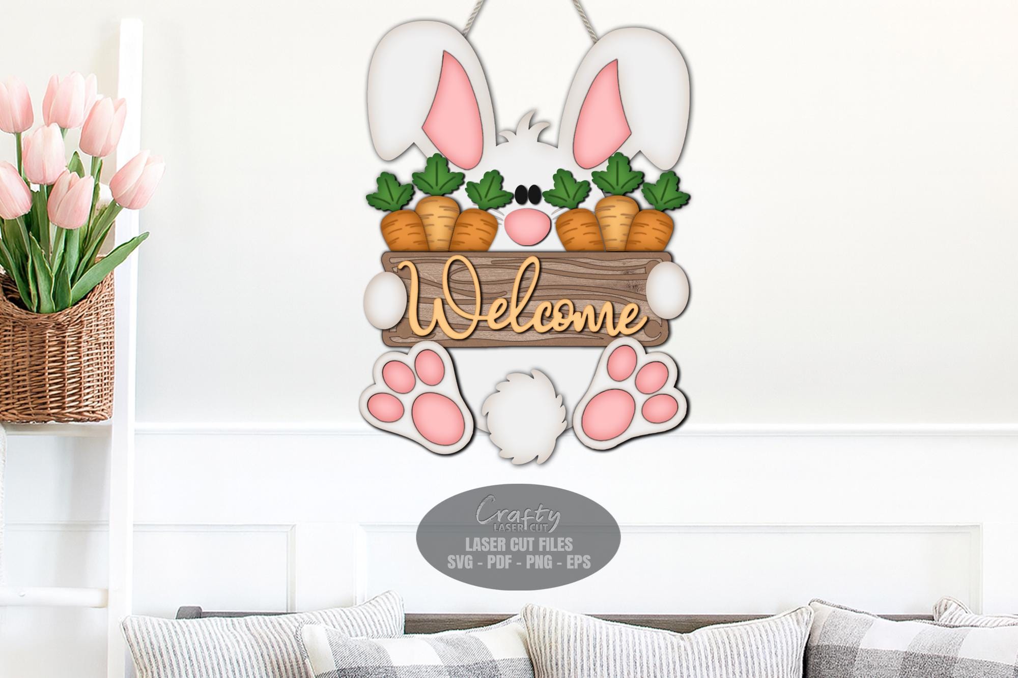 Easter Bunny Door Hanger SVG Laser Cut Files, Spring Welcome Sign SVG ...