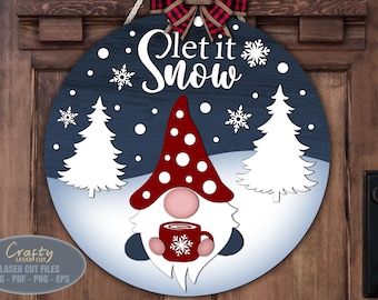 Gnome Christmas Door Hanger SVG - Laser Cut Files - Christmas SVG - Snowflake - Welcome Sign Svg - Gnome Door Sign - Glowforge File - Cricut