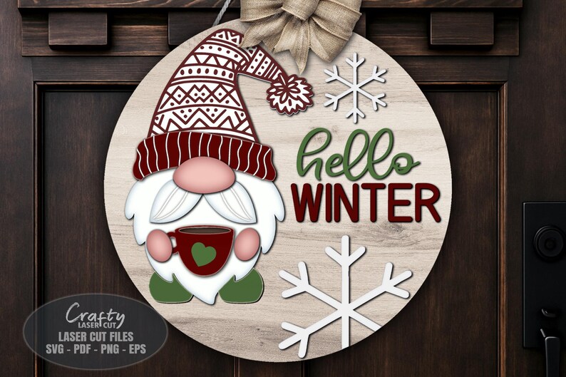 Hello Winter Door Hanger SVG Laser Cut Files: Gnome Welcome Sign SVG ...