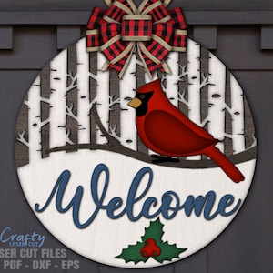 Cardinale Door Hanger SVG - Natale Svg - Segno di benvenuto SVG - File tagliati al laser - Cardinale SVG - Segnale porta di Natale - Glowforge Files