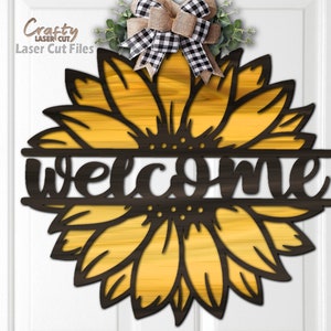 Girassol para pendurar porta SVG - Arquivos cortados a laser - Girassol SVG - Placa de boas-vindas SVG - Placa de varanda de girassol - Placa de porta floral - Arquivos Glowforge