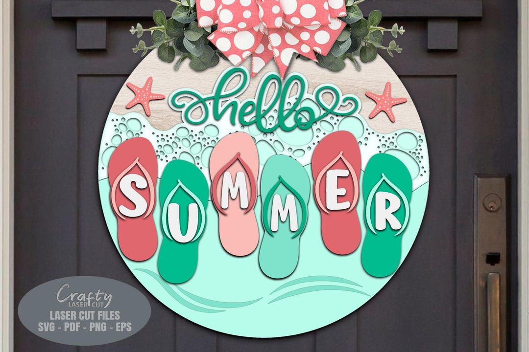 Hello Summer Beach Door Hanger SVG - Flip Flops SVG - Welcome Sign SVG ...