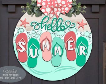 Hallo zomer strand deurhanger SVG - slippers SVG - welkomstbord SVG - lasergesneden bestanden - stranddeurbord - bord strandveranda - Glowforge