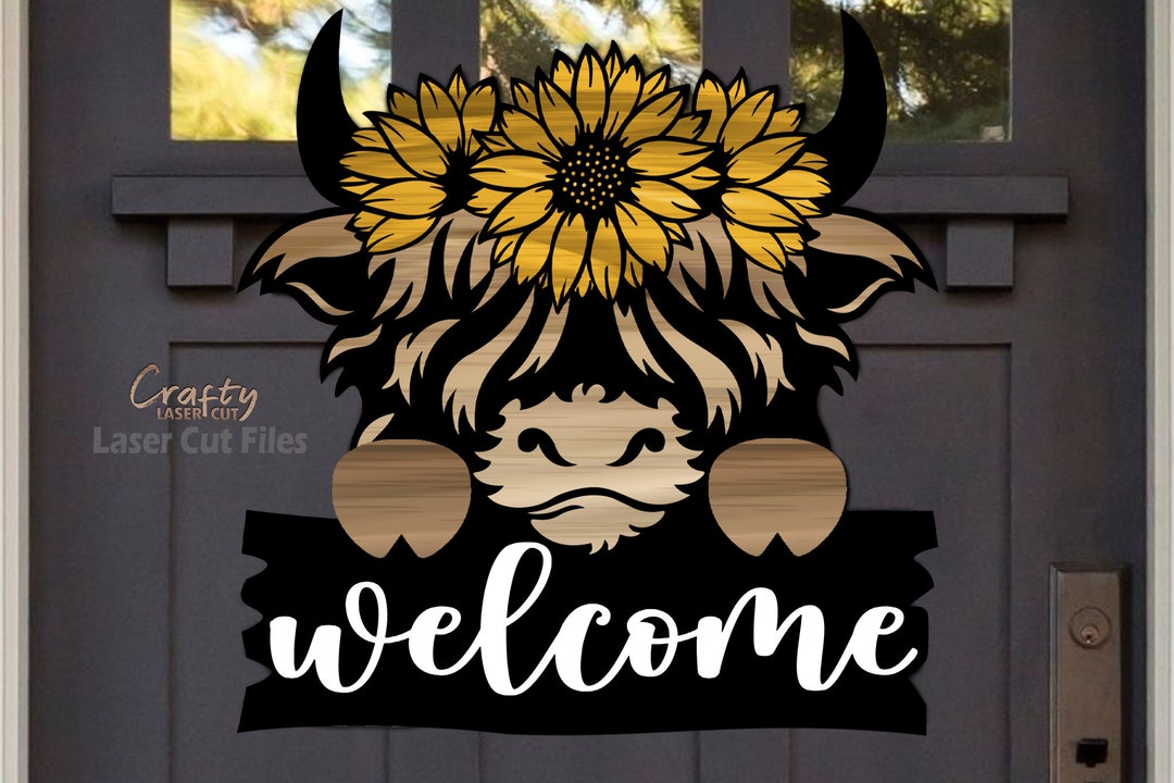 Yalikop 13 Set Patriotic Interchangeable Highland Cow Welcome Sign 11.8 Inch Summer Seasonal Highland Cow Front Door Hanger Holiday