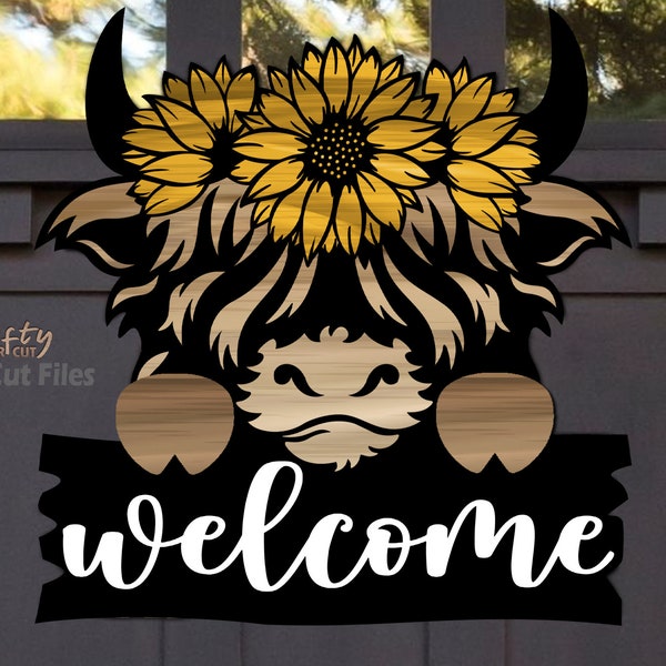 Highland Cow Door Hanger SVG - Laser Cut Files - Cow SVG - Sunflower SVG - Welcome Sign Svg - Cow Door Sign - Farmhouse - Glowforge Files