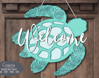 Sea Turtle Door Hanger SVG Laser Cut Files: Beach Welcome Sign SVG, Glowforge